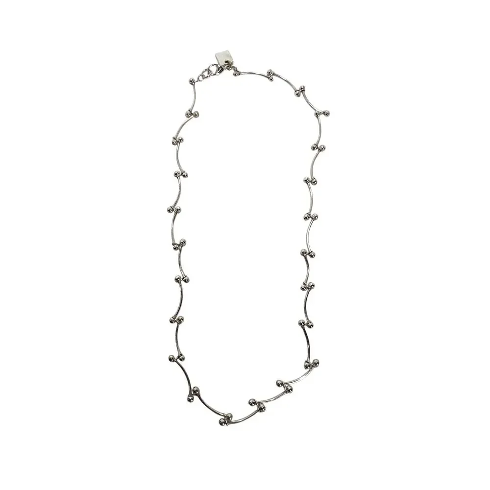 NINE WEST Silver Tone Station Necklace Ball Bead Curved Bark Link Chain Modern - Picture 2 of 9